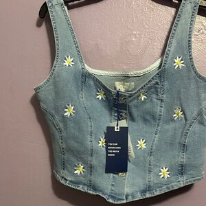 Love Tree Blue Denim Vest with Daisy Embroidery